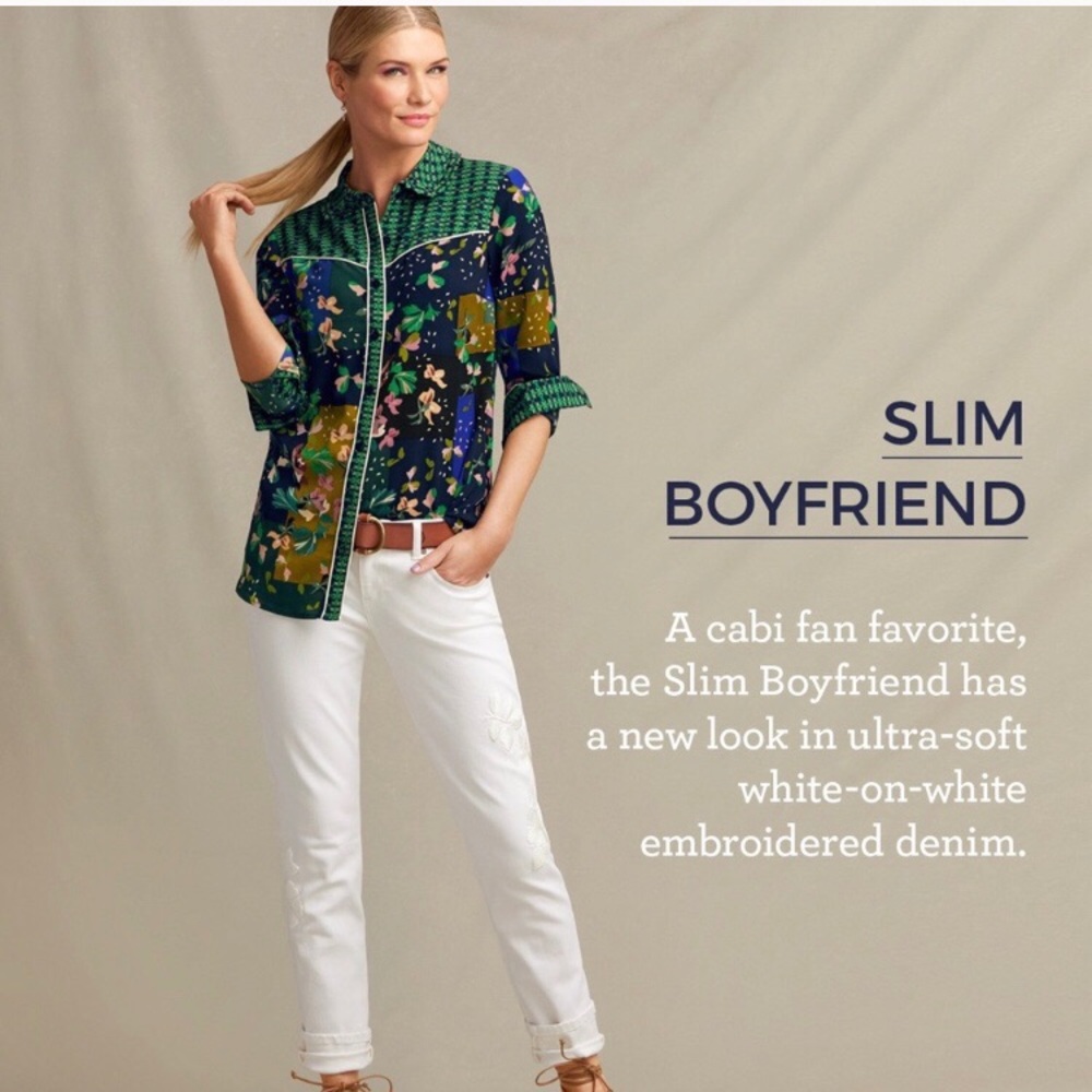 CAbi Slim Boyfriend White Embroidered Jean, Size 2